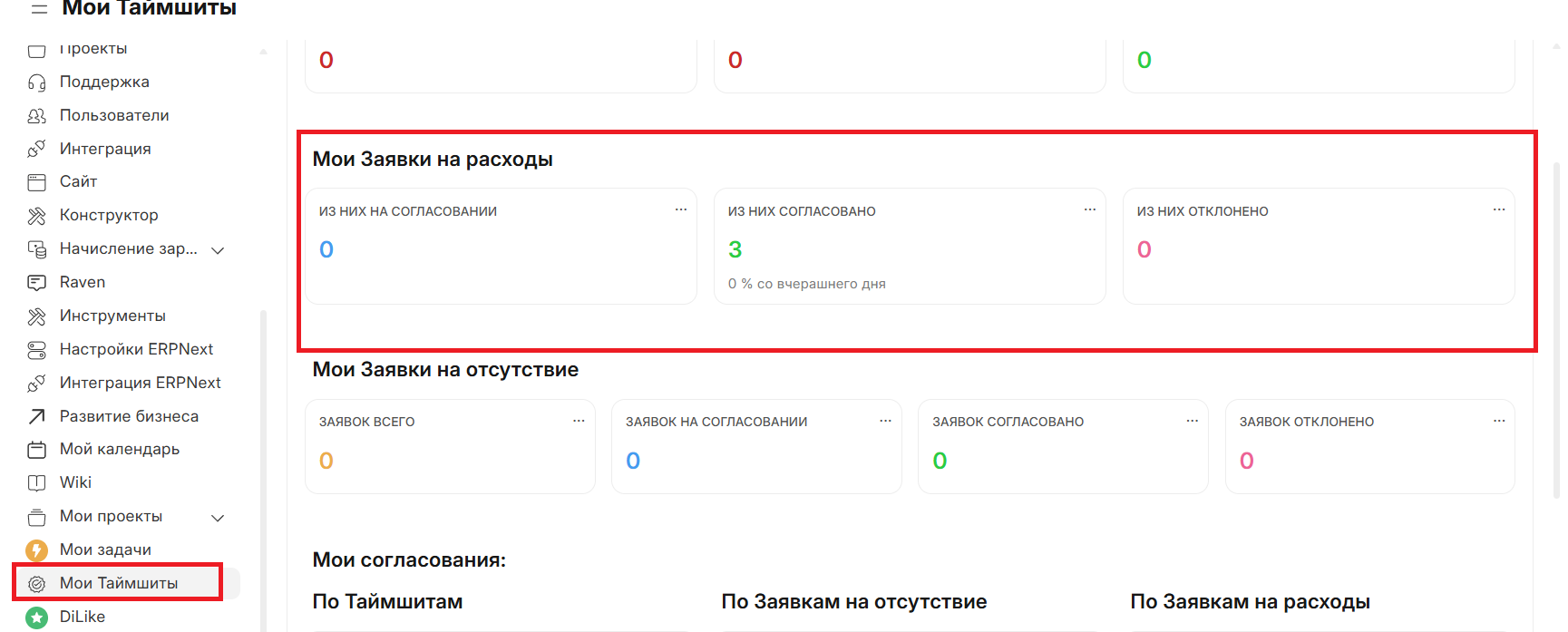 Блок заявок на расходы в «Мои Таймшиты»